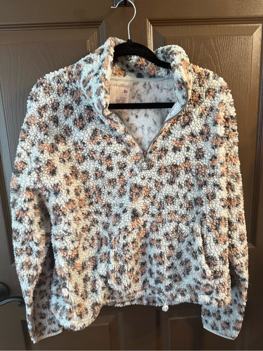 SO Plush Half-Zip Teddy Jacket in Cream, Gray and Tan